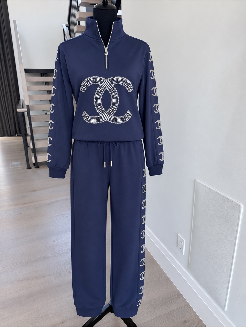 Navy Blue Rhinestone CC Logo Embellished Half-Zip Tracksuit Set size M